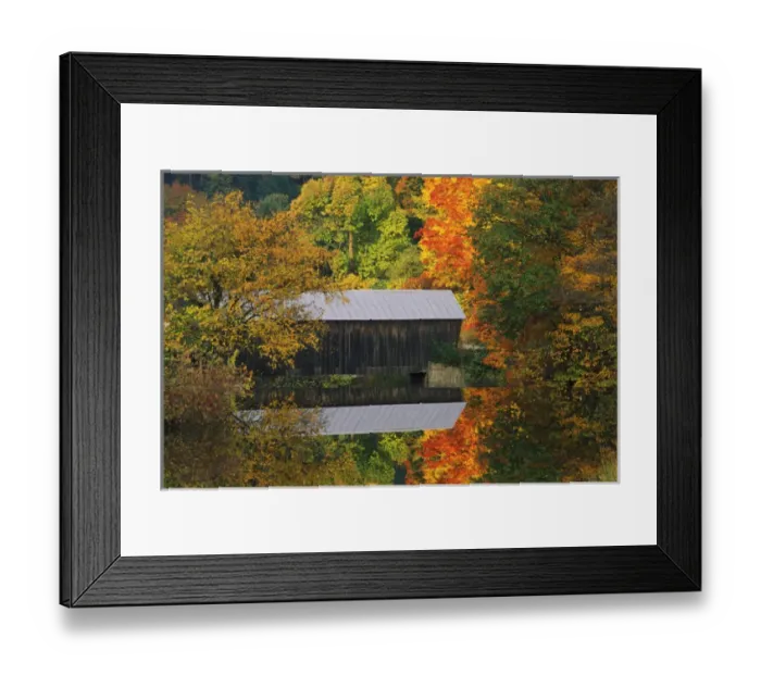 Framed Print : USA, Vermont. Covered bridge and autumn reflections