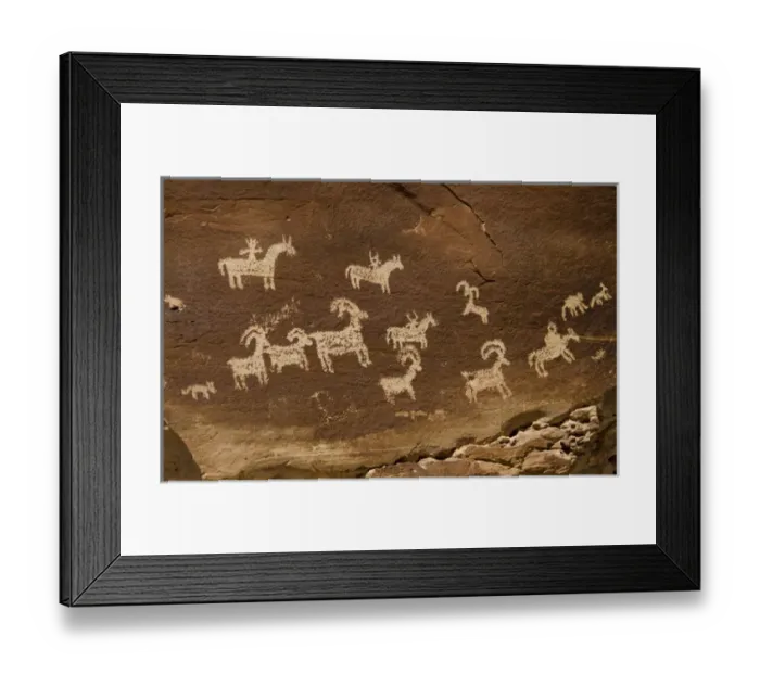 Framed Print : Ute Petroglyphs Depicting Horse and Rider with Bighorn Sheep and Dog-Like Animals
