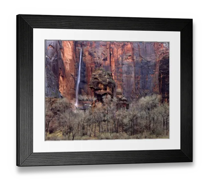 Framed Print : Zion National Park, Utah. USA. The Pulpit & ephemeral waterfall. Temple of Sinawava in winter