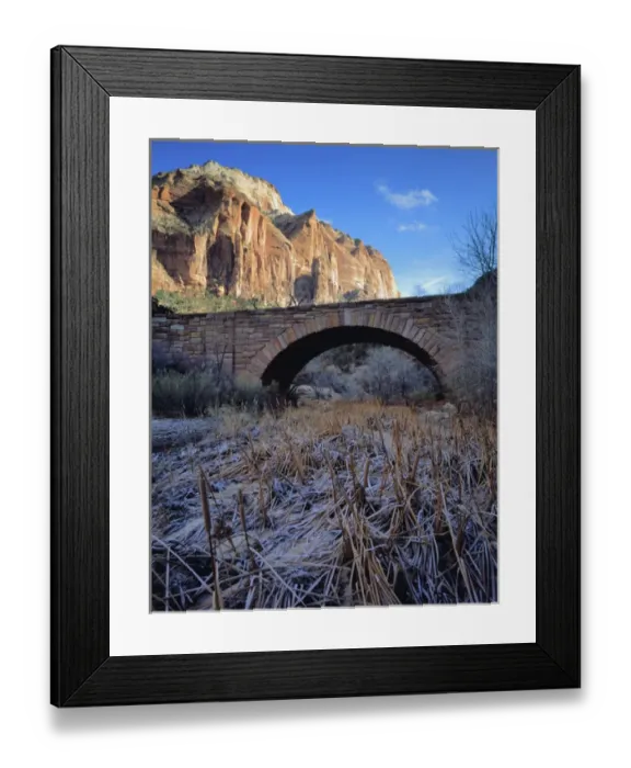 Framed Print : Zion National Park, Utah. USA. East Temple rises above frosted cattails & bridge over Pine Creek Framed Print : Zion National Park, Utah. USA. East Temple rises above frosted cattails & bridge over Pine Creek
