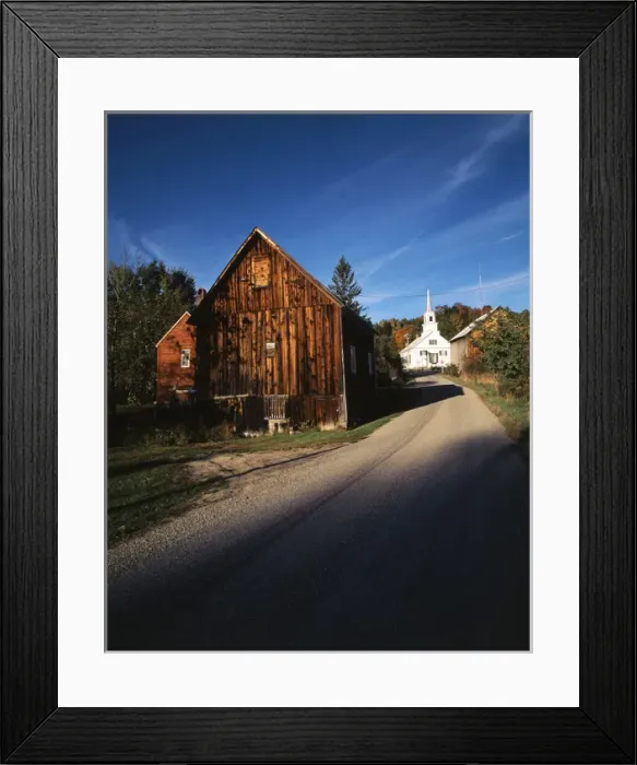 Framed Print : USA, Vermont, Northeast Kingdom, Waits River, View of church and barn in autumn Framed Print : USA, Vermont, Northeast Kingdom, Waits River, View of church and barn in autumn