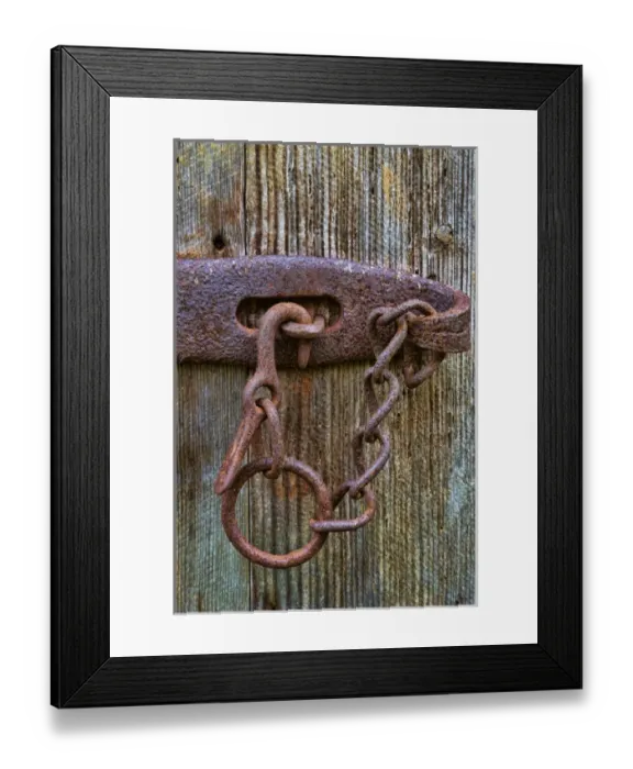 Framed Print : USA, Virginia, Roanoke, Explore Park. Detail of rusty barn door lock