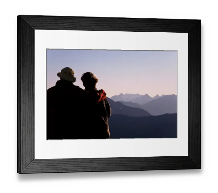 Framed Print : USA, Washington, Mount Baker. Two women view mountain scenery in Snoqualmie National Forest
