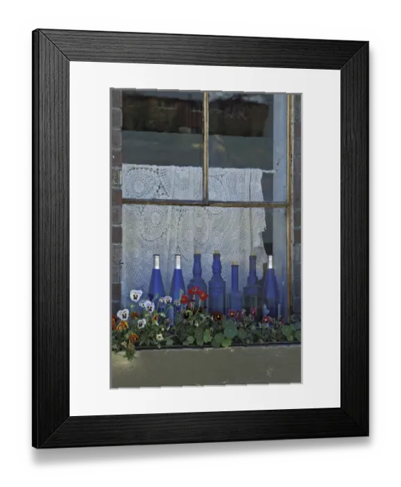 Framed Print : USA, Washington, Palouse. Row of blue bottles and flowers brighten a window sill Framed Print : USA, Washington, Palouse. Row of blue bottles and flowers brighten a window sill