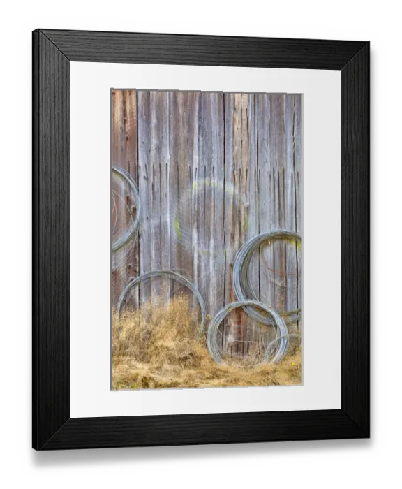 Framed Print : USA, Washington, Silverdale. Wire coiled on barn wall at historic Petersen Farm. Credit as Framed Print : USA, Washington, Silverdale. Wire coiled on barn wall at historic Petersen Farm. Credit as