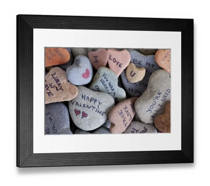 Framed Print : USA, Washington. Close-up of Heart Rock collection with Valentine sayings. Credit as