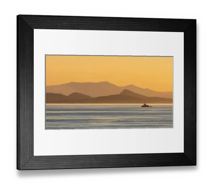 Framed Print : USA, Washington, San Juan Islands. Tugboat at sunset