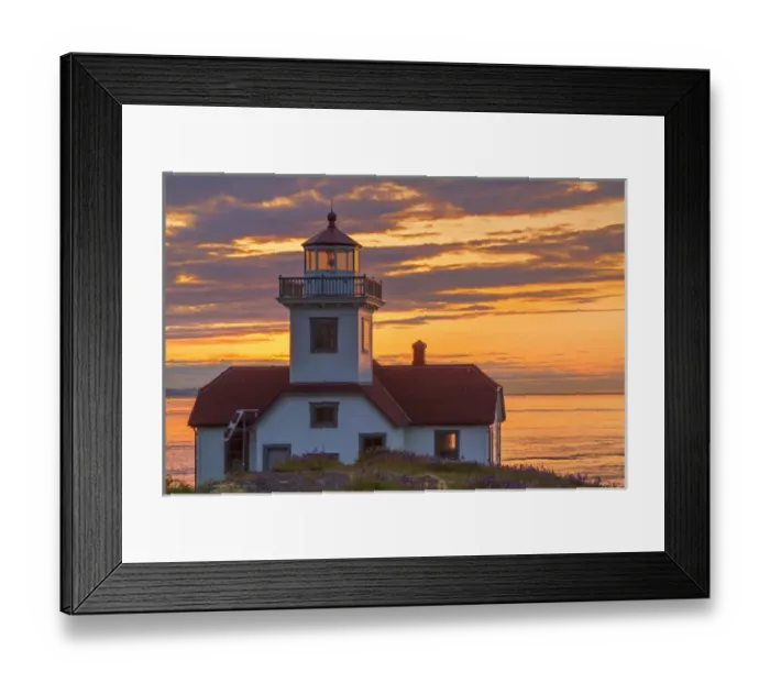 Framed Print : USA, Washington, San Juan Islands. Patos Lighthouse and camas flowers at sunset. Credit as Framed Print : USA, Washington, San Juan Islands. Patos Lighthouse and camas flowers at sunset. Credit as