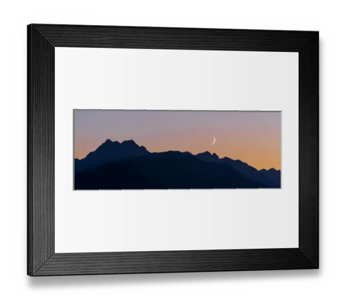 Framed Print : USA, Washington, Seabeck. Crescent moon and Venus over the Olympic Mountains. Credit as Framed Print : USA, Washington, Seabeck. Crescent moon and Venus over the Olympic Mountains. Credit as