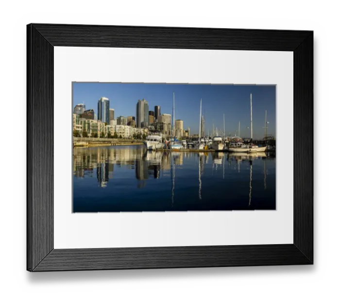 Framed Print : USA, Washington, Seattle. Waterfront and skyline viewed over boats in the Pier 66
