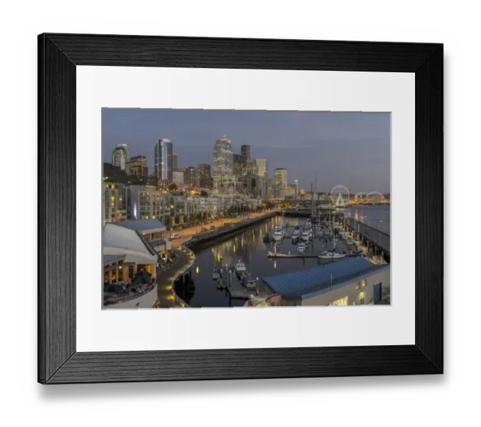 Framed Print : USA, Washington, Seattle. Skyline and waterfront over Pier 66 Bell Harbor Marina