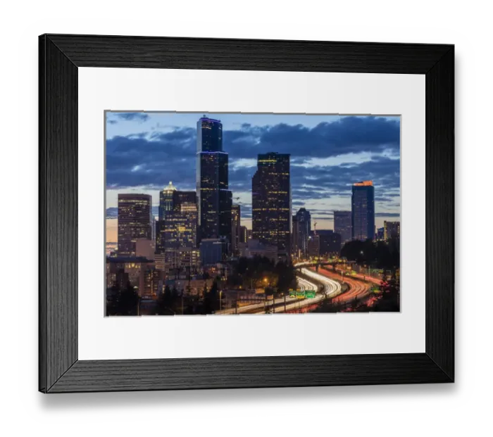Framed Print : City skyline and Interstate 90 and 5 from Rizal Bridge in downtown Seattle, Washington Framed Print : City skyline and Interstate 90 and 5 from Rizal Bridge in downtown Seattle, Washington