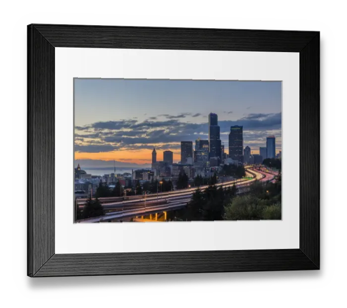 Framed Print : City skyline and Interstate 90 and 5 from Rizal Bridge in downtown Seattle, Washington Framed Print : City skyline and Interstate 90 and 5 from Rizal Bridge in downtown Seattle, Washington
