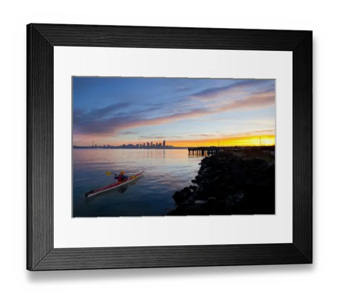 Framed Print : USA, Washington State, Seatte. Male sea kayaker in Elliot Bay, Seattle, WA at sunrise Framed Print : USA, Washington State, Seatte. Male sea kayaker in Elliot Bay, Seattle, WA at sunrise