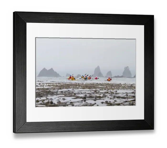 Framed Print : USA, Washington State. Sea kayakers paddling toward Graveyard of the Giants sea stacks Framed Print : USA, Washington State. Sea kayakers paddling toward Graveyard of the Giants sea stacks