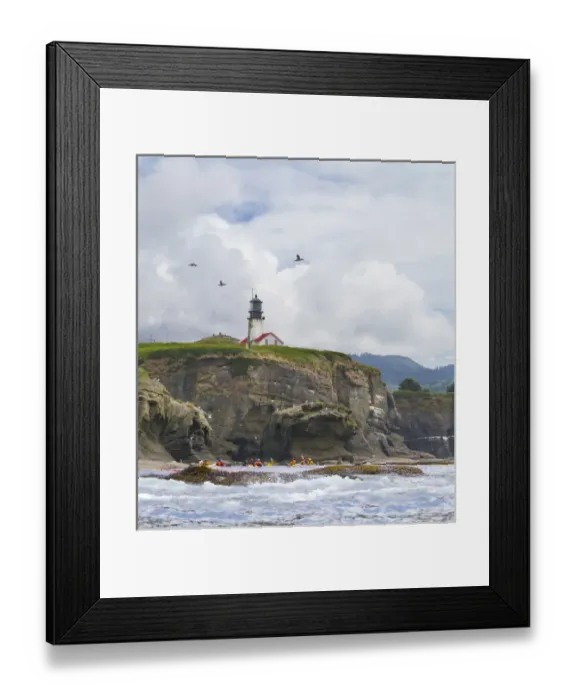 Framed Print : USA. Washington state. Sea Kayakers paddle beneath the lighthouse on Tatoosh Island