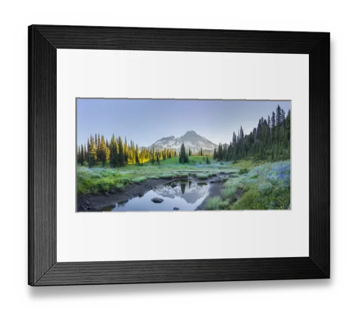 Framed Print : USA. Washington State. Mt. Rainier reflected in tarn amid wildflowers at Indian Henry s Framed Print : USA. Washington State. Mt. Rainier reflected in tarn amid wildflowers at Indian Henry s
