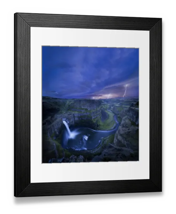 Framed Print : USA. Washington State. Palouse Falls at dusk with an approaching lightning storm