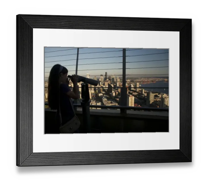 Framed Print : North America, United States, Washington, Seattle, girl with telescope on top of Framed Print : North America, United States, Washington, Seattle, girl with telescope on top of