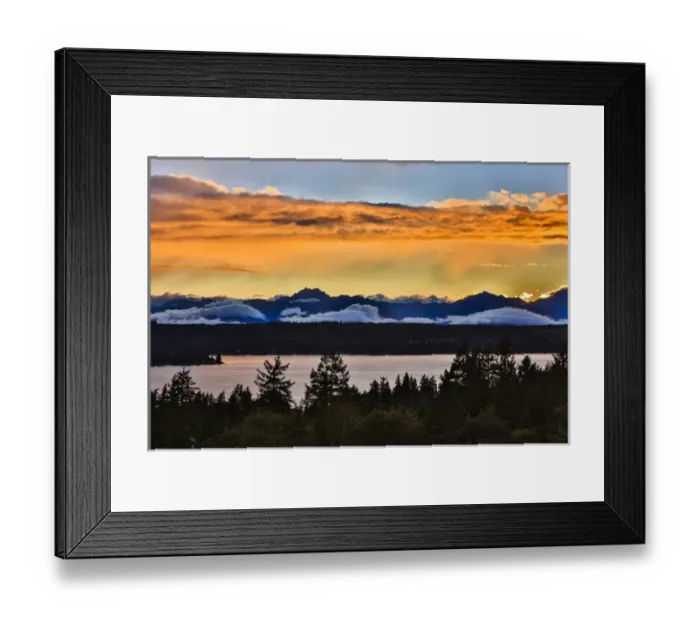 Framed Print : Bremerton, Washington. The Olympic Mountains, featuring Brothers Mountain, bask in a golden Framed Print : Bremerton, Washington. The Olympic Mountains, featuring Brothers Mountain, bask in a golden