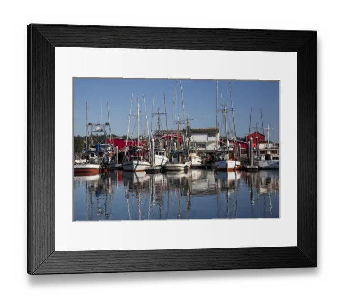Framed Print : WA, Ilwaco, fishing boats and cannery at Port of Ilwaco