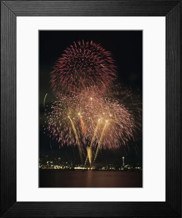 Framed Print : WA, Seattle, Fireworks on July 4th, at Gasworks Park; Space Needle in background