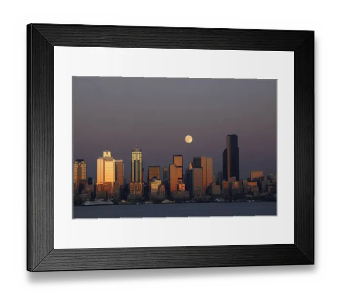 Framed Print : WA, Seattle, Seattle skyline and Elliott Bay with full moon rising
