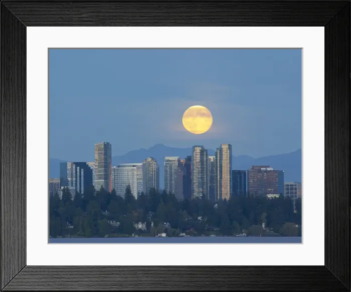 Framed Print : WA, Bellevue, Full moon raising over downtown skyline Framed Print : WA, Bellevue, Full moon raising over downtown skyline