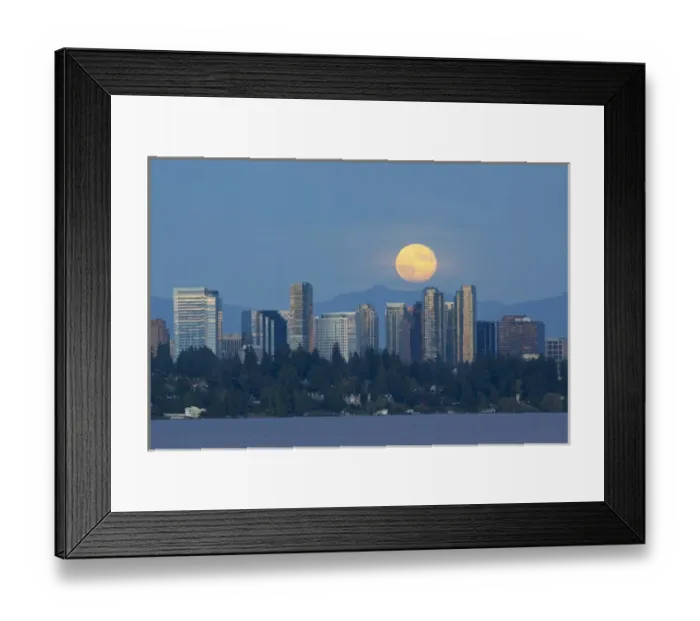 Framed Print : WA, Bellevue, Full moon raising over downtown skyline Framed Print : WA, Bellevue, Full moon raising over downtown skyline