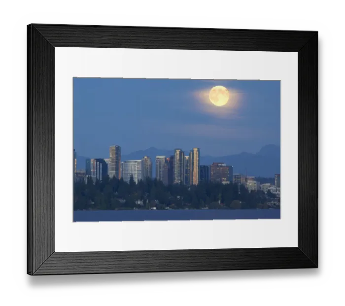 Framed Print : WA, Bellevue, Full moon raising over downtown skyline Framed Print : WA, Bellevue, Full moon raising over downtown skyline