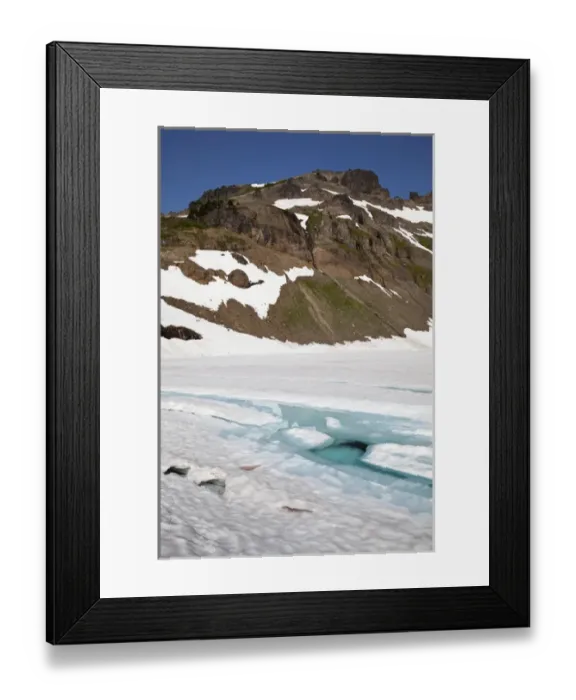Framed Print : WA, Goat Rocks Wilderness, Melt water on snow and ice covered Goat Lake Framed Print : WA, Goat Rocks Wilderness, Melt water on snow and ice covered Goat Lake