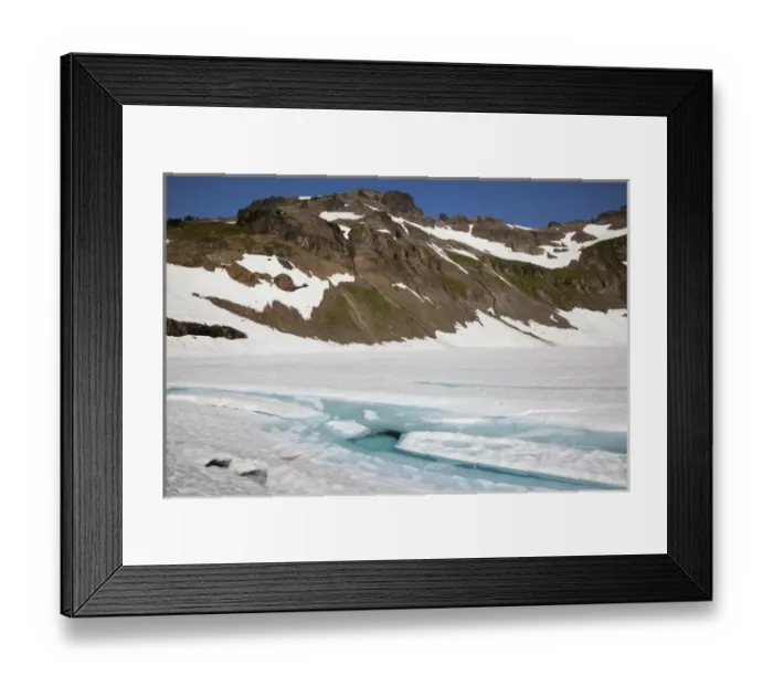 Framed Print : WA, Goat Rocks Wilderness, Melt water on snow and ice covered Goat Lake