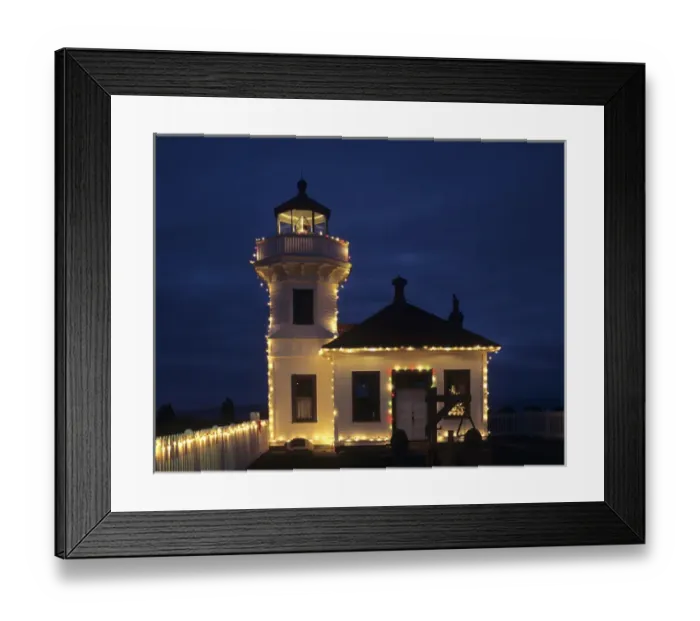 Framed Print : WA, Mukilteo, Mukilteo Lighthouse; established in 1906; with holiday lights Framed Print : WA, Mukilteo, Mukilteo Lighthouse; established in 1906; with holiday lights