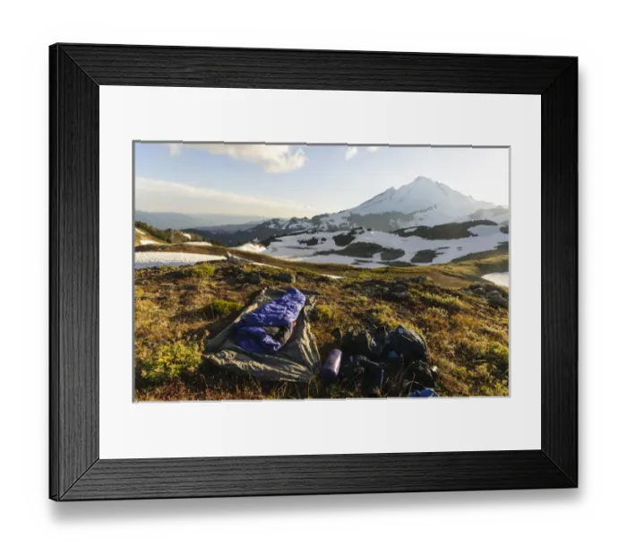 Framed Print : Washington, Cascade Mountains. Campsite on Ptarmigan Ridge. Mount Baker in background Framed Print : Washington, Cascade Mountains. Campsite on Ptarmigan Ridge. Mount Baker in background