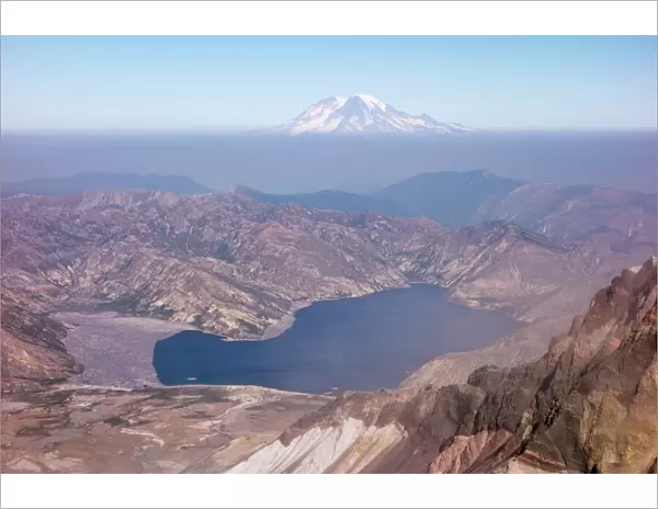 Washington. Spirit Lake and Mount Rainier seen from Mount Saint Helens summit