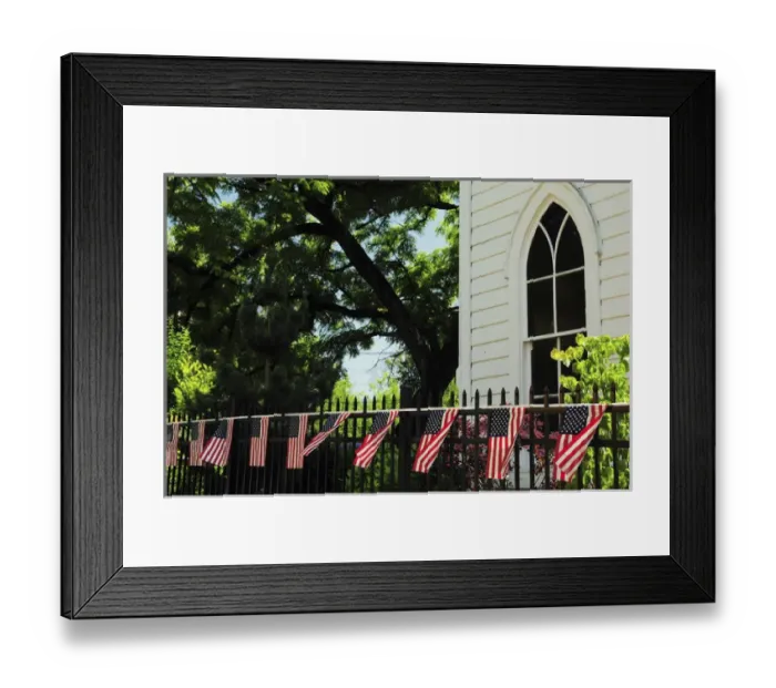 Framed Print : Draped flags on fence of church, July 4th; Parade; Ridgefield; Washington; USA