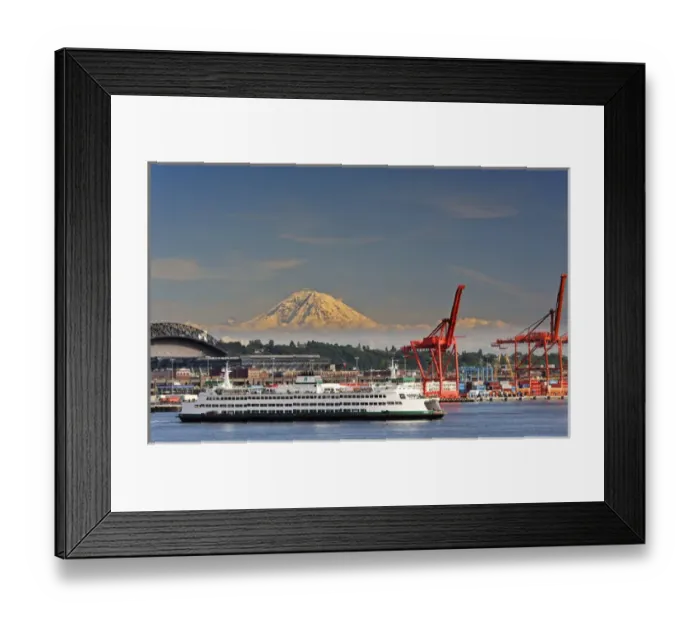 Framed Print : USA, WAshington, Seattle. A ferry leaves Seattle for the outer islands with Mt Framed Print : USA, WAshington, Seattle. A ferry leaves Seattle for the outer islands with Mt