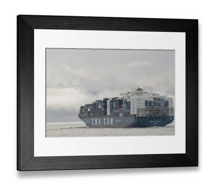 Framed Print : USA, WA, Laden container ship moves through Strait of Juan de Fuca with fog and clouds Framed Print : USA, WA, Laden container ship moves through Strait of Juan de Fuca with fog and clouds