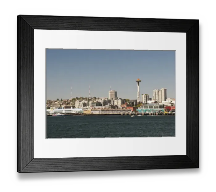 Framed Print : USA, WA, Seattle. Downtown skyline and Alaskan Way waterfront as seen from Bainbridge ferry