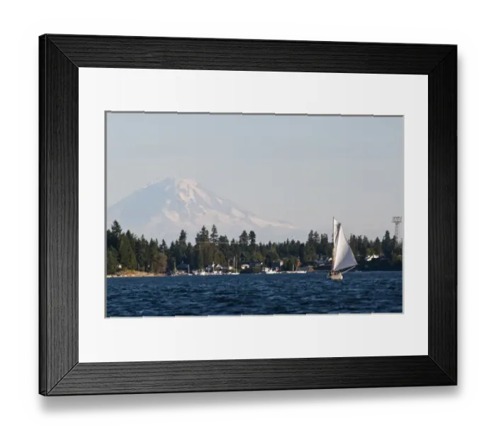 Framed Print : USA, WA, Poulsbo. Gaff rigged sailboat navigates Liberty Bay with Mt Rainier looming Framed Print : USA, WA, Poulsbo. Gaff rigged sailboat navigates Liberty Bay with Mt Rainier looming