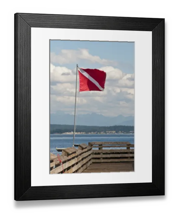 Framed Print : USA, WA, Whidbey Island. Dive flag on Langley marina pier fully extended Framed Print : USA, WA, Whidbey Island. Dive flag on Langley marina pier fully extended
