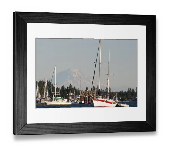 Framed Print : USA, WA, Poulsbo. Moorage Poulsbo marina in Liberty Bay with Mt Rainier looming