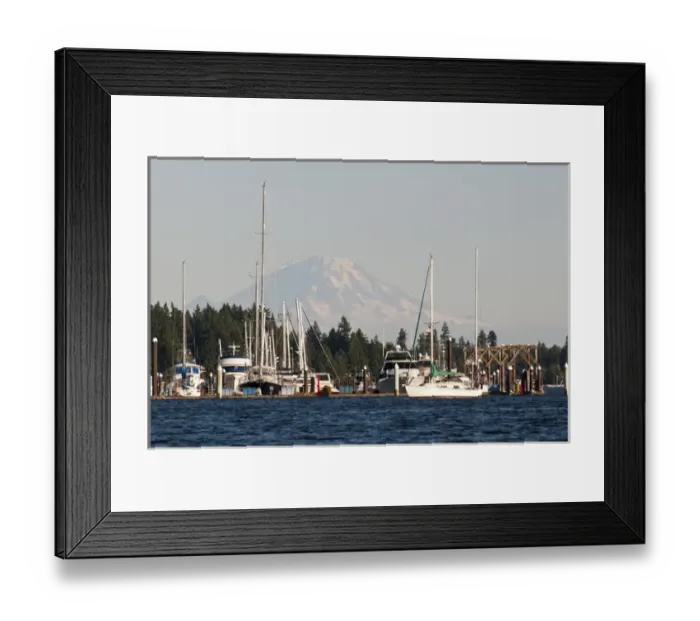 Framed Print : USA, WA, Poulsbo. Moorage Poulsbo marina in Liberty Bay with Mt Rainier looming Framed Print : USA, WA, Poulsbo. Moorage Poulsbo marina in Liberty Bay with Mt Rainier looming