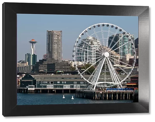 USA, WA, Seattle. Dramatic downtown waterfront includes iconic Space Needle