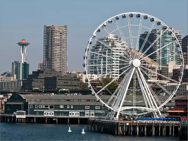 USA, WA, Seattle. Dramatic downtown waterfront includes iconic Space Needle