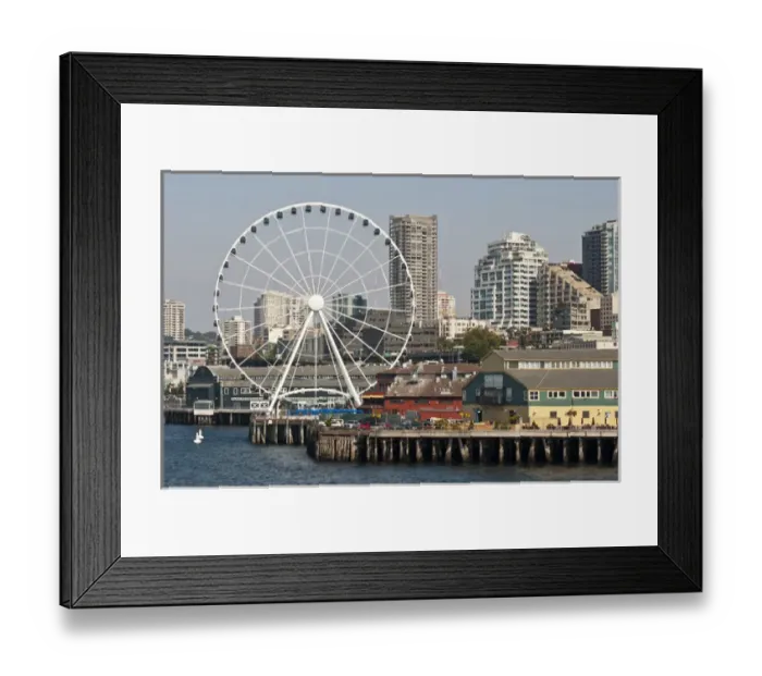 Framed Print : USA, WA, Seattle. Dramatic downtown waterfront with new Seattle Great Wheel on Pier 57