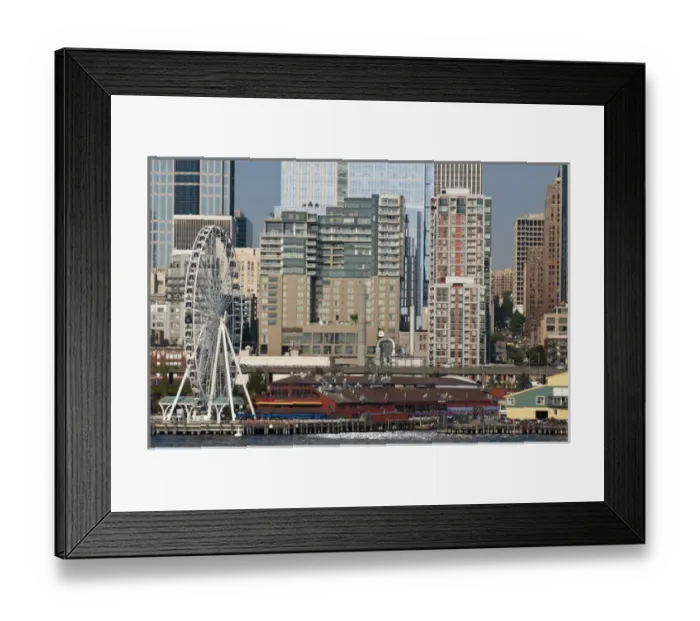 Framed Print : USA, WA, Seattle. Dramatic downtown waterfront with new Seattle Great Wheel on Pier 57 Framed Print : USA, WA, Seattle. Dramatic downtown waterfront with new Seattle Great Wheel on Pier 57