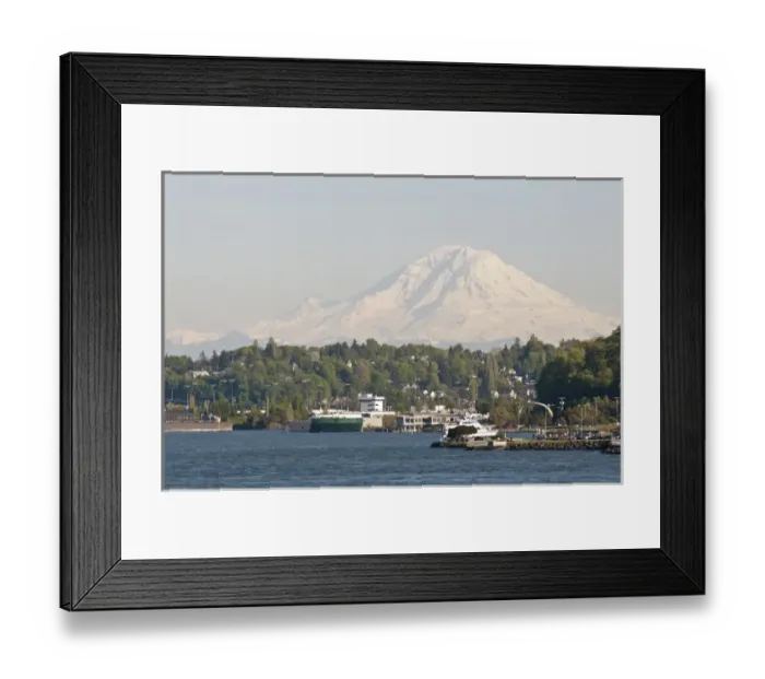 Framed Print : US, WA, West Seattle. Water taxi approaches Seacrest Dock. Mount Rainier looms to south Framed Print : US, WA, West Seattle. Water taxi approaches Seacrest Dock. Mount Rainier looms to south