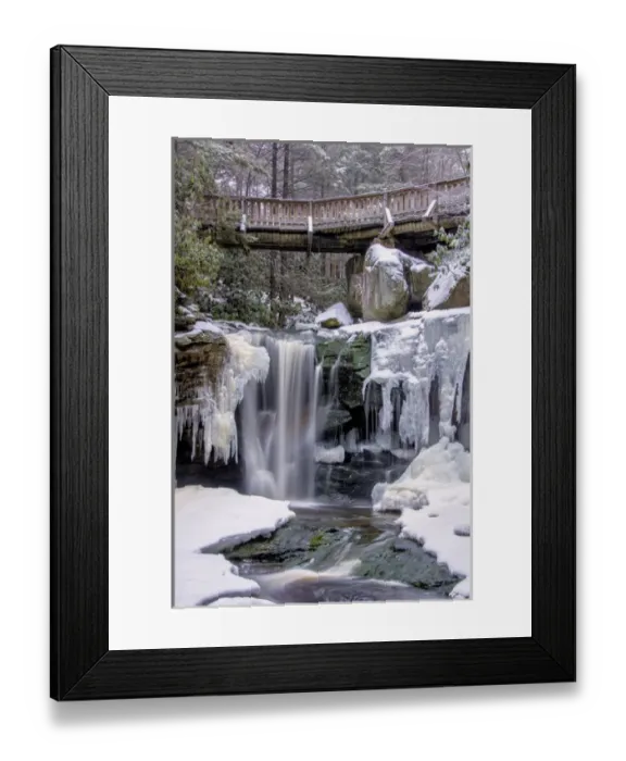 Framed Print : USA, West Virginia, Blackwater Falls State Park. Bridge and partially frozen waterfall Framed Print : USA, West Virginia, Blackwater Falls State Park. Bridge and partially frozen waterfall