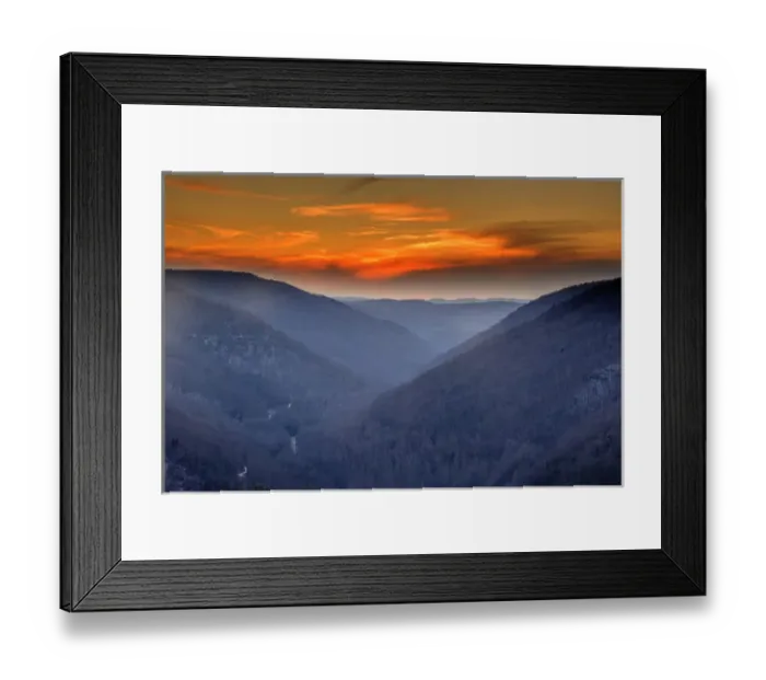 Framed Print : USA, West Virginia, Blackwater Falls State Park. Brilliant winter sunset from Lindy Point Framed Print : USA, West Virginia, Blackwater Falls State Park. Brilliant winter sunset from Lindy Point